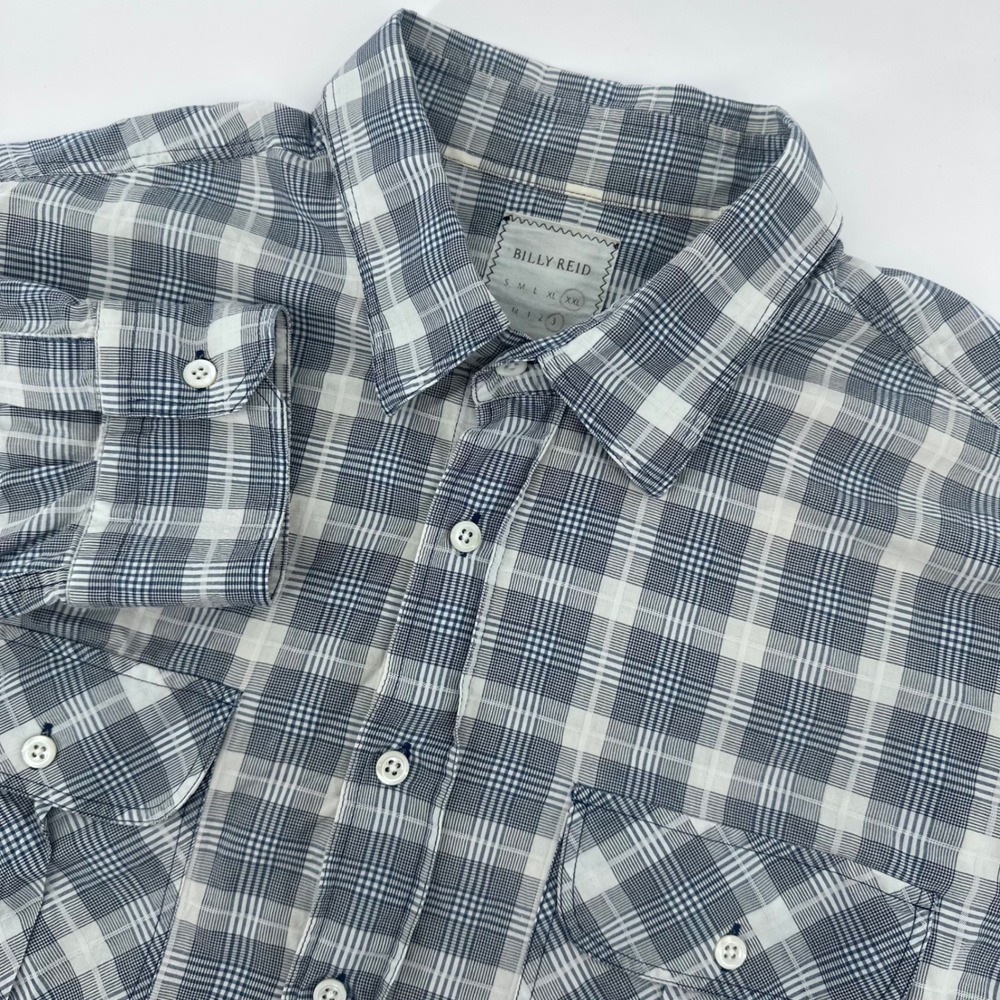 Billy Reid Shirt Mens XXL 2XL Blue White Plaid Button Up Roll Tab Sleeve Fit 3
